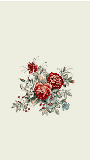 復古花卉插圖，奶油色背景上繪有紅玫瑰和藍色花朵