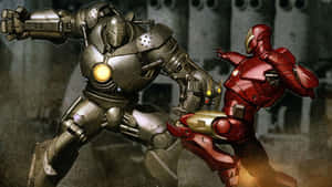 鐵甲奇俠在塵土飛揚的工業環境中躲避 Hulkbuster 的一拳。 — 鋼鐵人 壁紙