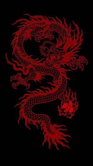 黑色背景上帶有火焰細節的紅龍插圖 — 日本龍動畫 壁紙