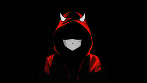 一個無臉的人物，穿著紅色惡魔連帽服裝，背景為黑色。 — 電腦 GIF 壁紙