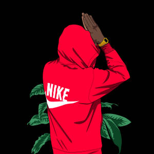 穿著紅色Nike連帽衫、雙手放在腦後的人，被綠色葉子環繞。
