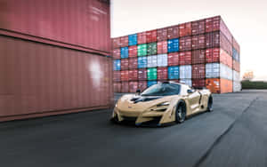 金色跑車在日落時分高速駛過色彩繽紛的貨運集裝箱。
