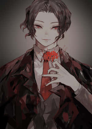 紅眼動漫男子在深色外套中將紅花貼在胸前。