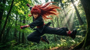 紅髮動漫戰士在陽光照耀的森林中跳躍。