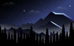 夜晚山景，松樹與星空