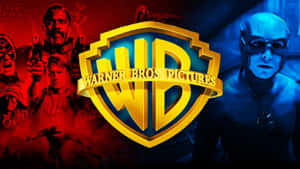 Warner Bros Pictures 標誌與紅色和藍色調的動作及超級英雄角色。