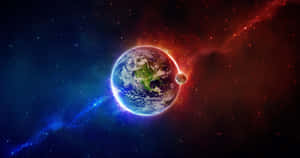 被色彩繽紛的宇宙雲和恆星環繞的地球 — 紅色和藍色 GIF 壁紙