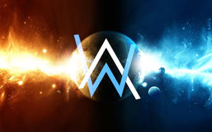 一個發光的藍白「W」標誌，位於宇宙星雲中的行星中心，帶有熾熱橙色和電光藍色調。