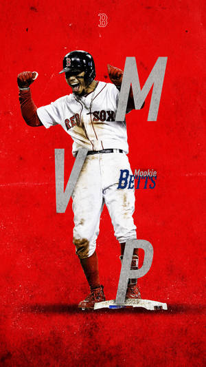 棒球運動員Mookie Betts在紅色背景上身穿紅襪隊制服慶祝MVP勝利。