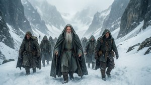 一群奇幻冒險者穿越白雪覆蓋的山口。