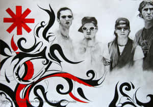 Red Hot Chili Peppers 樂團成員以素描風格呈現，搭配紅黑部落藝術。
