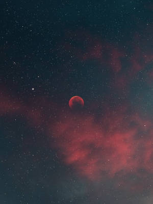 血月在星空下與紅色星雲雲層一同發光。 — 月色夜空 壁紙