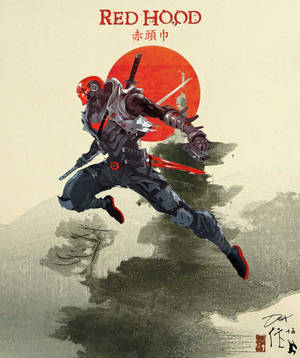 紅色兜帽武士戰士持劍跳躍，背景為紅色太陽和水墨山巒。