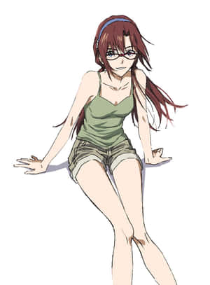 紅髮戴眼鏡的動漫女孩，穿著綠色上衣和短褲坐著。 — 粉紅動漫美學 壁紙