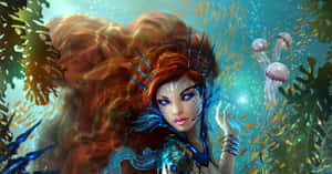 一條發光眼睛和紅髮的美人魚在水下游過水母和珊瑚。 — 奇幻 壁紙