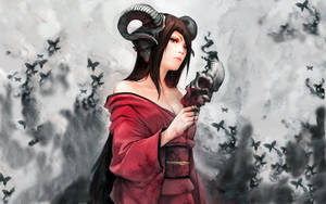 一個擁有公羊角的惡魔女子，在暴風雲中手持一個頭骨，被黑鳥包圍。