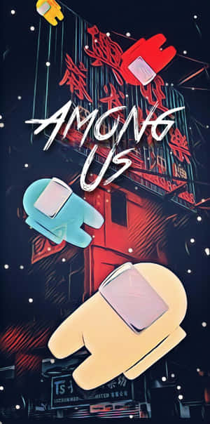 Among Us角色在夜晚漂浮在霓虹燈光下的未來城市中。