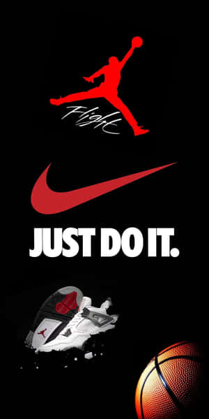 紅色佐敦標誌和Nike勾勾，帶有「JUST DO IT」標語和籃球鞋，黑色背景。