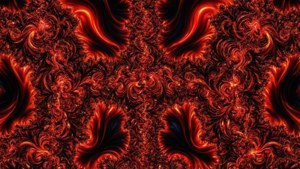 火紅色的分形圖案在數位藝術作品中於深色背景上旋轉。