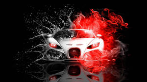 白色Bugatti汽車被紅色火焰和水花包圍，帶有鏡面反射。 — 汽車 壁紙