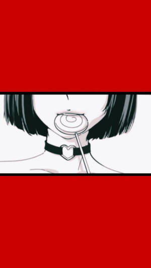短黑髮、戴心形頸鏈的動漫女孩在紅色背景上咬螺旋棒棒糖。