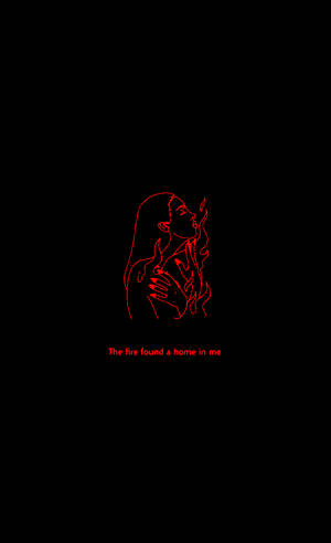 紅色線條繪畫，女性與火焰，文字寫著「The fire found a home in me」