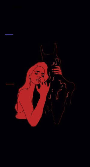紅衣女人擁抱帶故障線條的融化黑色身影在黑色背景上