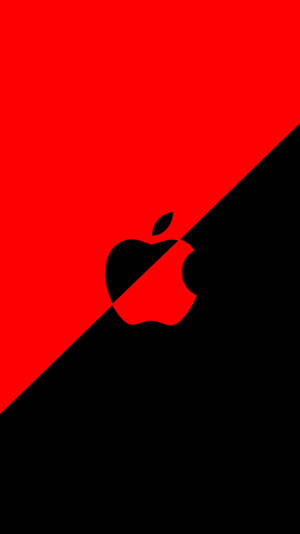 Apple標誌居中於紅黑對角分割背景上。