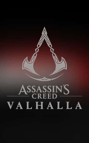 Assassin's Creed Valhalla 遊戲標誌，紅色漸變背景上帶有銀色徽章。 — Realme Pad 壁紙