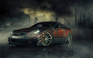 煙霧繚繞的工業夜景中定制的紅黑跑車。