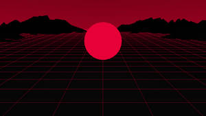 紅色球體在網格景觀上，有山脈輪廓和紅色天空 — Outrun 壁紙