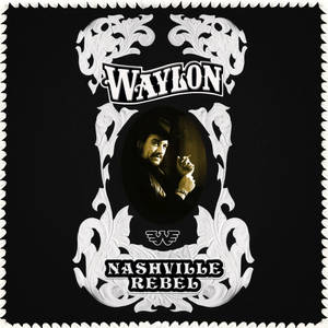 Waylon Jennings 戴著牛仔帽，手持香煙，由裝飾性白色捲曲花紋框住。 — 音樂 GIF 壁紙