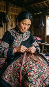 一位女性在木屋中在布料上縫製彩色花卉刺繡