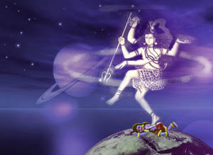 印度教神祇手持三叉戟在太空行星上壓碎人物。