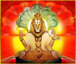 一位戴著多頭蛇冠的獅頭神，在光芒四射的紅金色環境中冥想。