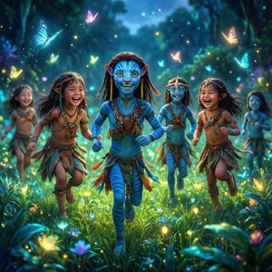 納美人孩子笑著跑過一個神奇的發光森林，蝴蝶飛舞。 — Pixel Watch 5 壁紙
