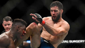 兩名男性MMA拳手在八角籠內搏鬥，裁判在旁觀察。