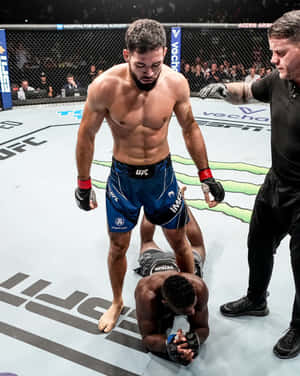 UFC拳手站在八角籠內被擊敗的對手之上，裁判在附近。