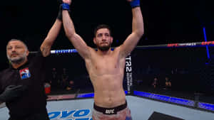UFC拳手在八角籠中舉臂慶祝勝利。