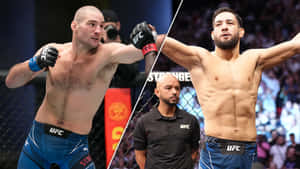 比賽後，八角籠內兩名身穿UFC裝備的男性MMA拳手，一人舉臂慶祝。