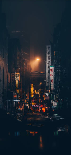 唐人街雨夜街道，發光的霓虹招牌倒映在濕漉漉的路面上。