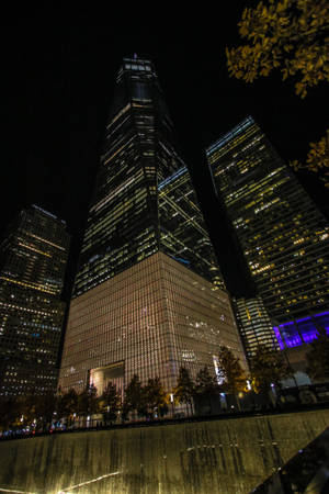 夜晚的城市景觀，有燈火通明的摩天大樓和秋樹，靠近反射的水景。