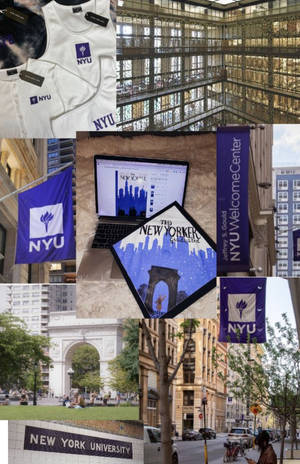 紐約大學校園拼貼畫，顯示建築物、旗幟和帶有《The New Yorker》封面的筆記本電腦。