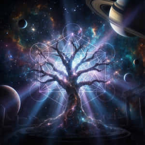 一棵帶有發光幾何符號的神秘樹木，處於有行星和恆星的宇宙環境中。 — 愛心 壁紙