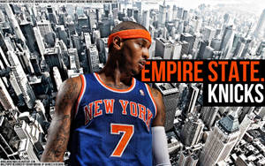 身穿紐約人隊球衣的籃球運動員，以紐約天際線為背景，帶有文字 Empire State Knicks。