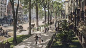 歷史悠久的城市街道，有行人、馬車和華麗建築。