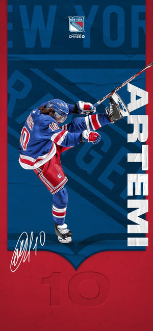 Artemi Panarin 紐約遊騎兵隊冰球運動員，以簽名和 10 號球衣擺出動作姿勢。 — Galaxy S22 Ultra 壁紙
