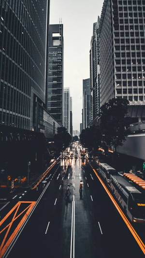 雨中的城市街道，高樓大廈和發光的橙色巴士專用道。