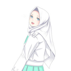 動漫女孩戴白色頭巾和薄荷裙溫柔微笑。