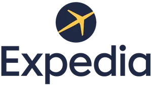 Expedia 旅遊公司標誌,帶有黃色飛機圖標。
